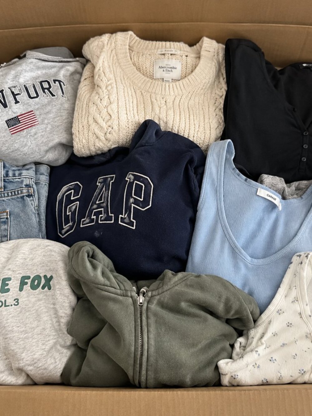 5 lb. Box of pre-owned items, clothing, shoes, random sizes ie:mens,womens,kids